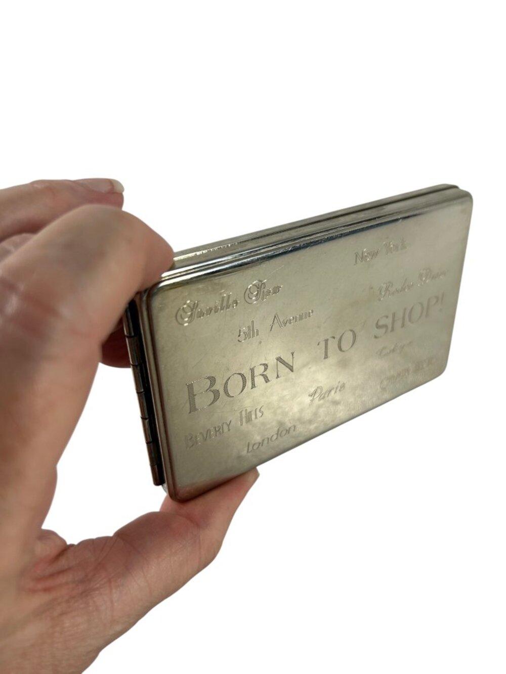 VTG Born To Shop Silver Plate Business Credit Card Holder Case Engraved Metal
